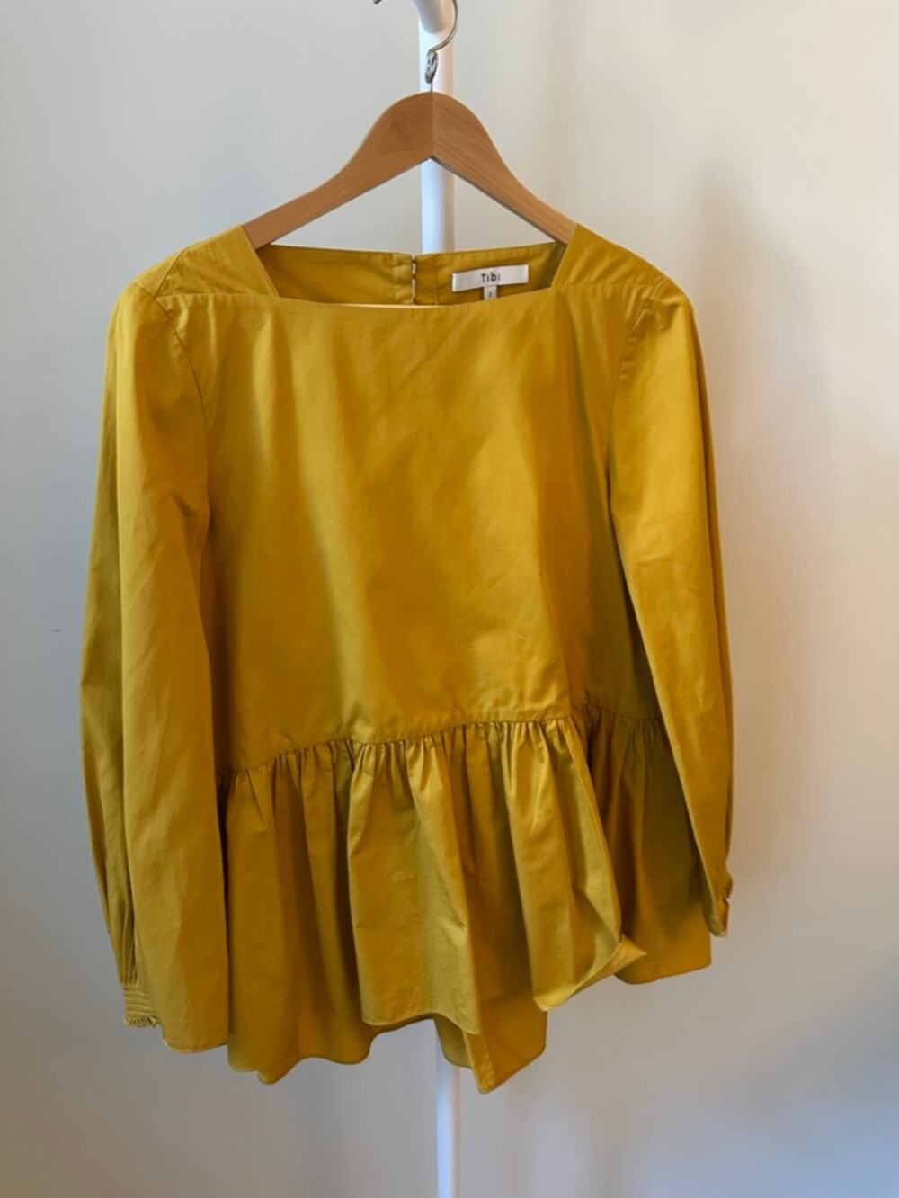 Tibi Cotton Peplum Top in Ochre Yellow, Size 2